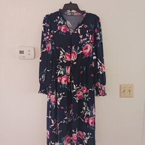 Women's Floral Cinch Waist‎ Midi Dress